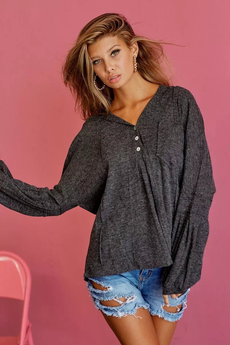 BiBi Textured Knit Hoodie with Buttoned Placket - Q.B.Accessories