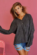 BiBi Textured Knit Hoodie with Buttoned Placket - Q.B.Accessories