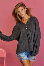 BiBi Textured Knit Hoodie with Buttoned Placket - Q.B.Accessories