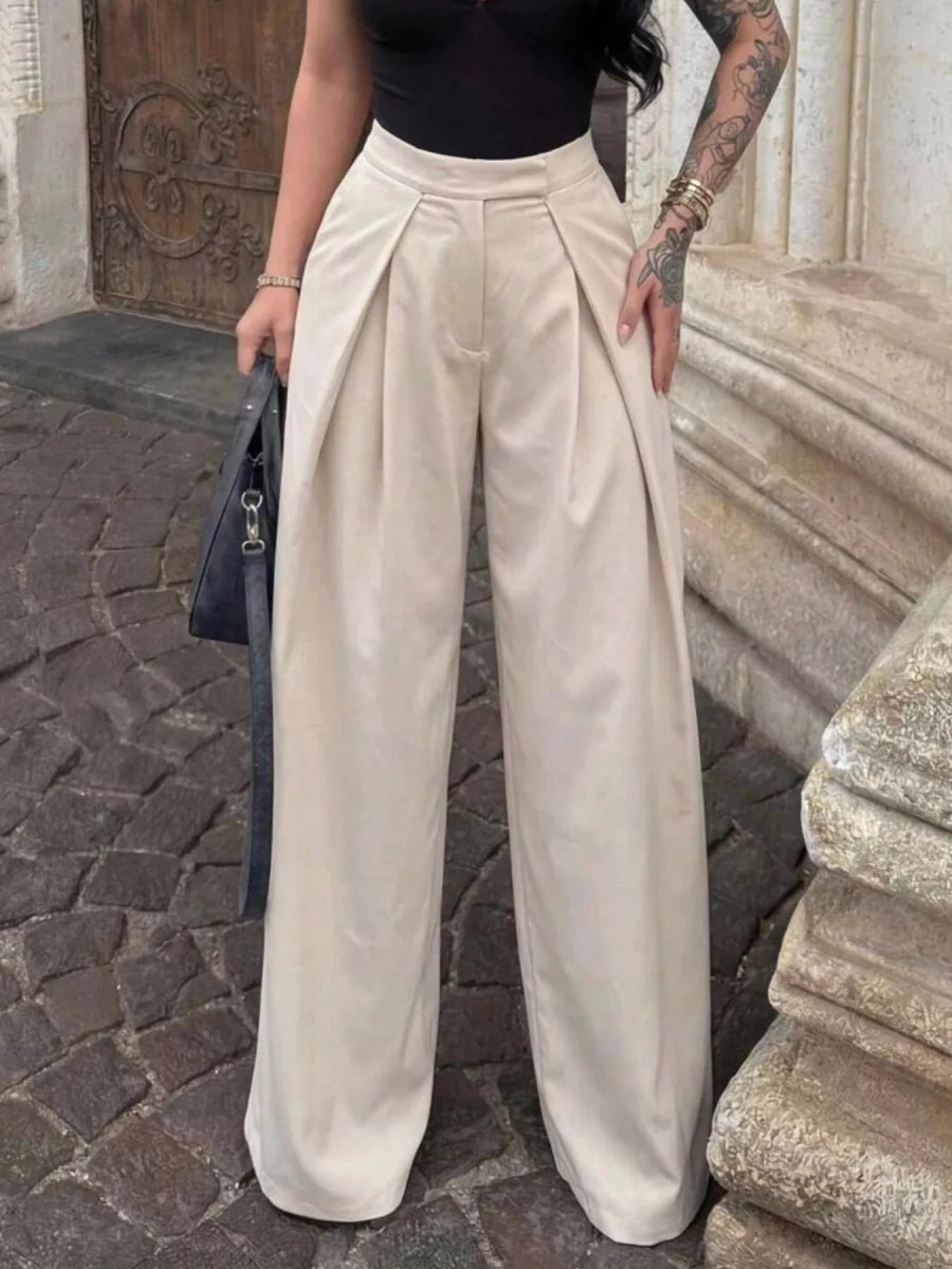 High - Waisted Pleated Wide Leg Pants - Q.B.Accessories