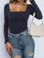 Square Neck Long Sleeve Bodysuit - Q.B.Accessories