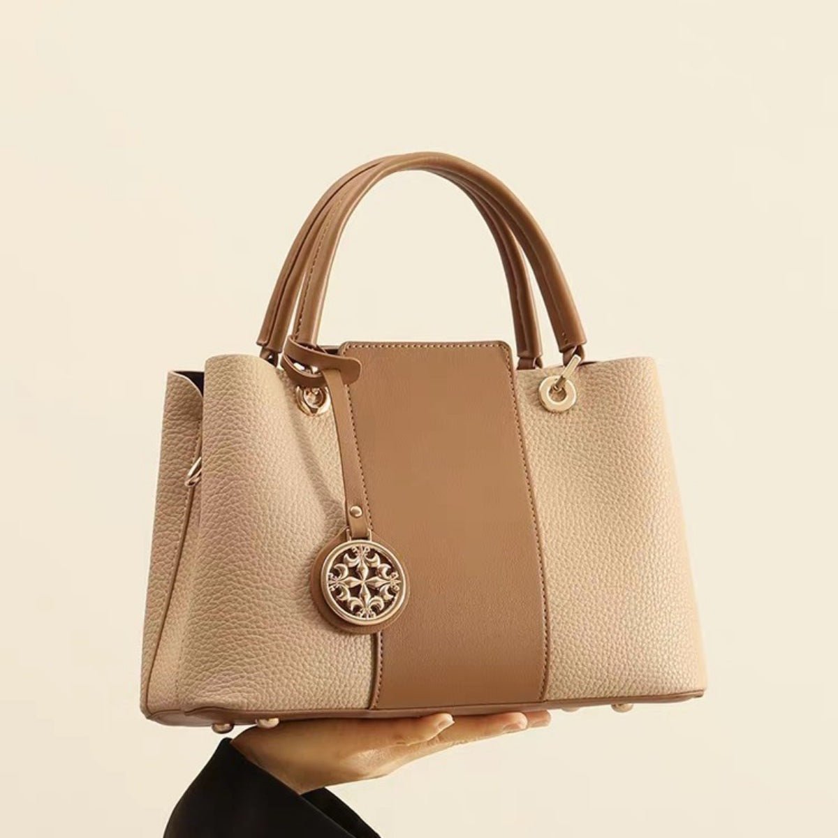Two-Tone Leather Top Handle Handbag - Q.B.Accessories
