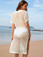 Slit Openwork Johnny Collar Short Sleeve Cover - Up - Q.B.Accessories
