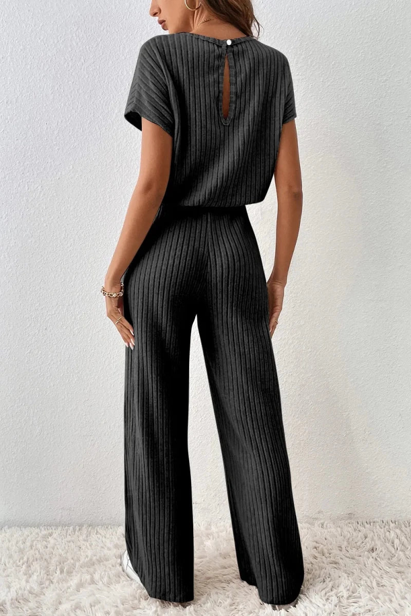 Ribbed Short Sleeve Wide Leg Jumpsuit - Q.B.Accessories