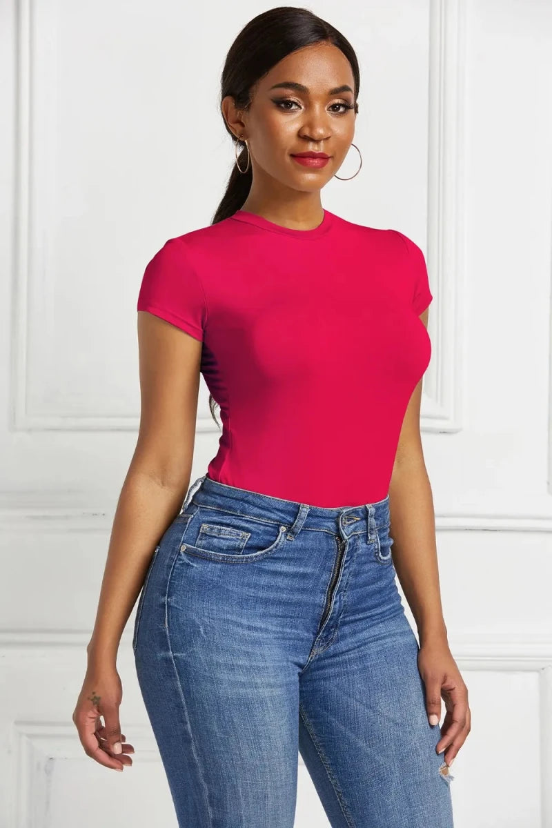 Round Neck Short Sleeve Bodysuit - Q.B.Accessories
