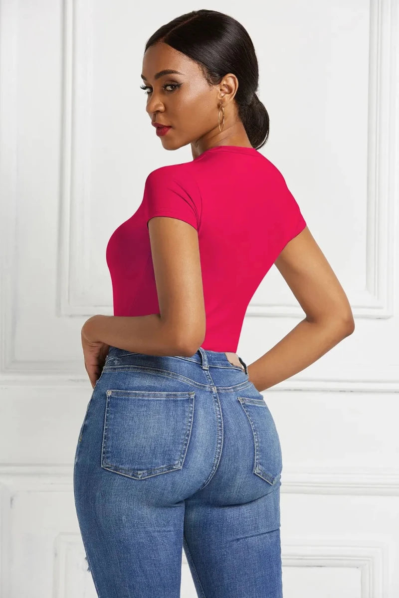 Round Neck Short Sleeve Bodysuit - Q.B.Accessories