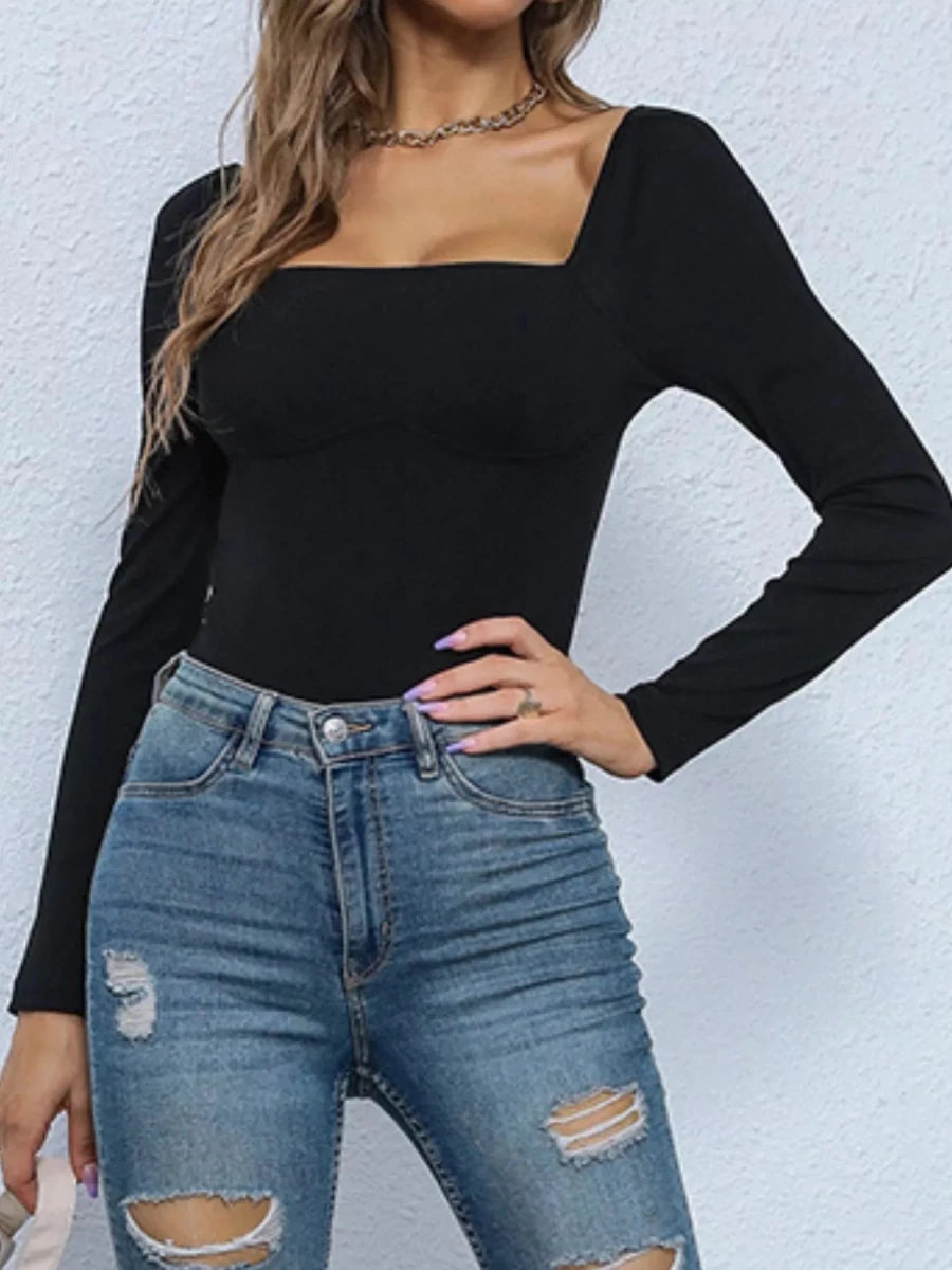Square Neck Long Sleeve Bodysuit - Q.B.Accessories