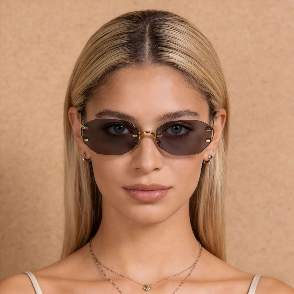 Rimless Oval Gold-Frame Sunglasses - Q.B.Accessories