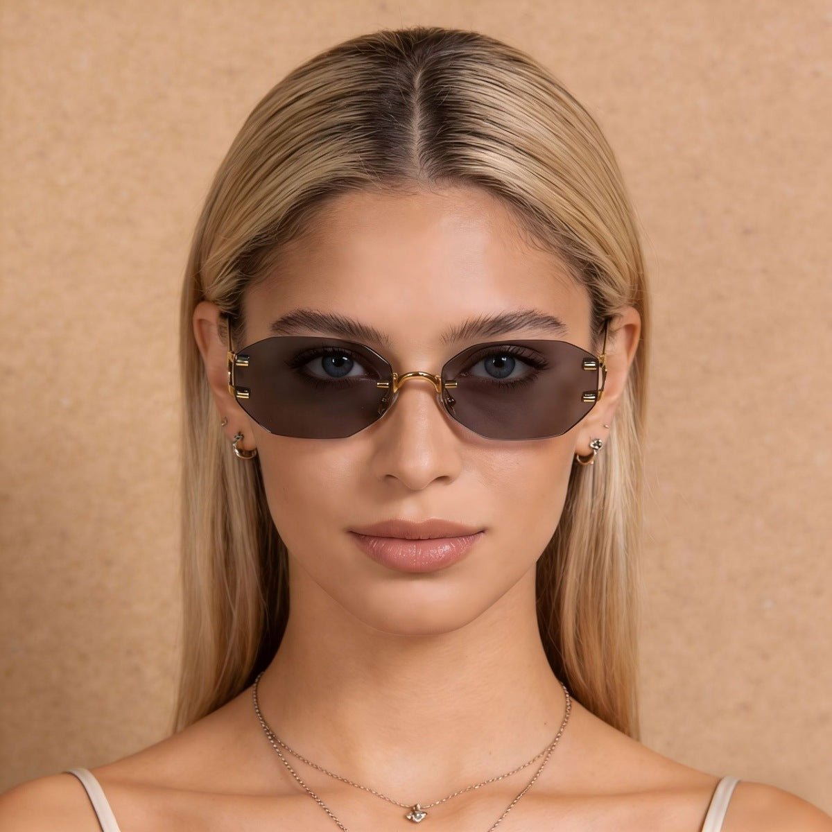 Rimless Oval Gold-Frame Sunglasses - Q.B.Accessories