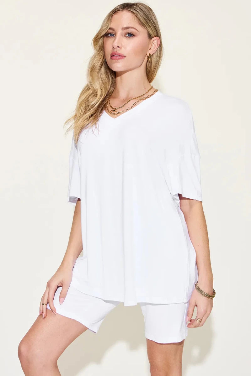Basic Bae Full Size V - Neck Drop Shoulder T-Shirt and Shorts Set - Q.B.Accessories
