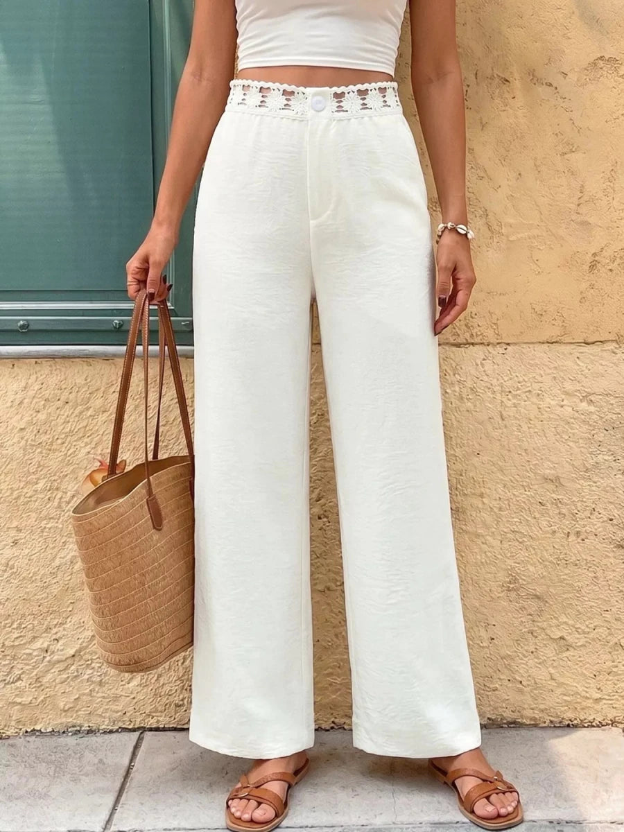 High Waist Wide Leg Pants with Crochet Trim - Q.B.Accessories