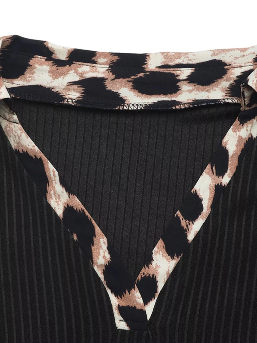 Leopard Trim Ribbed Knit Bodysuit - Q.B.Accessories