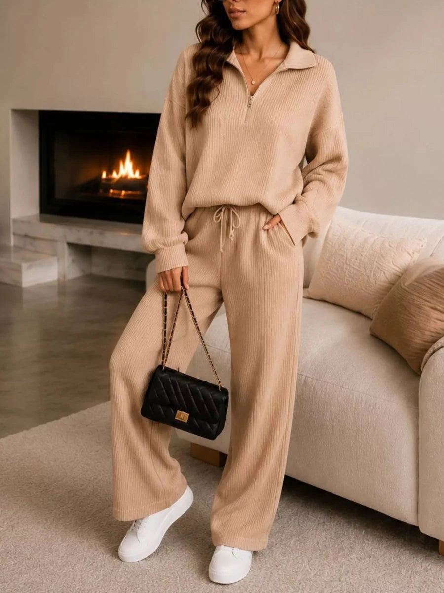 Ribbed Quarter-Zip Wide-Leg Pants Set - Q.B.Accessories