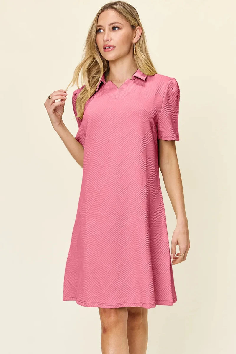 Double Take Full Size Texture Collared Neck Short Sleeve Dress - Q.B.Accessories