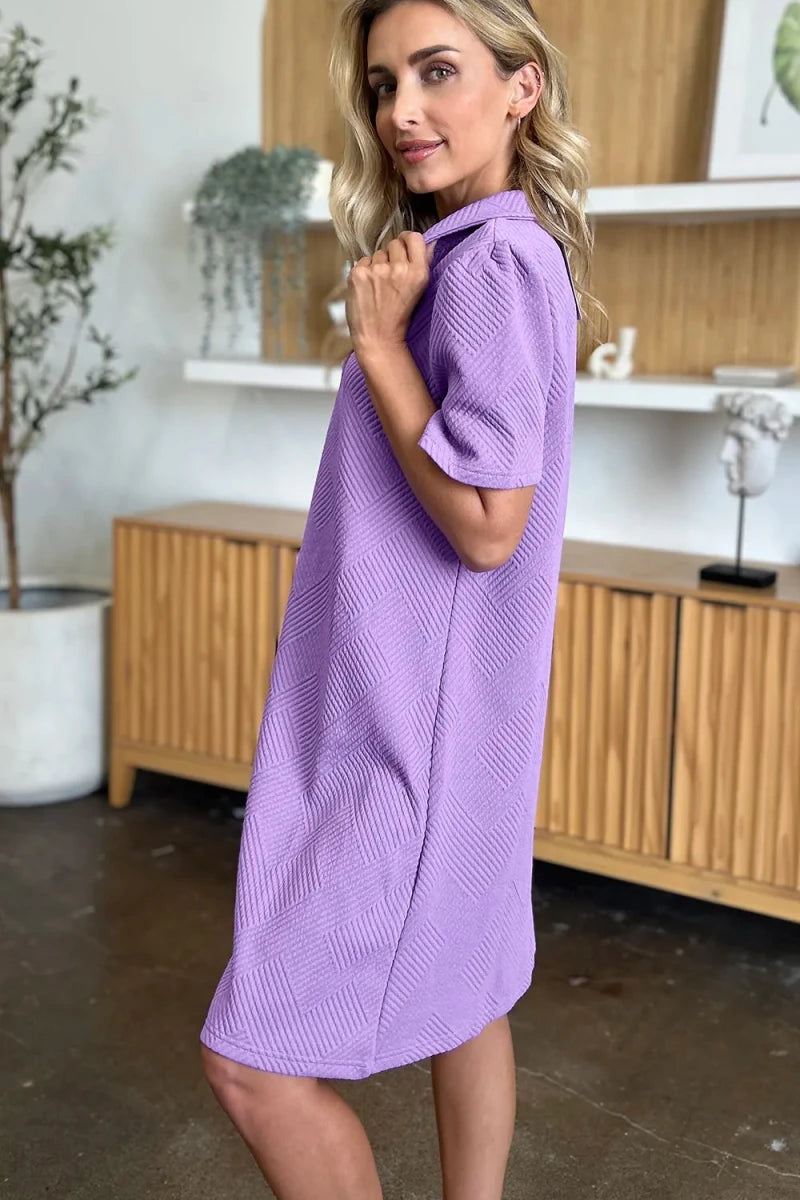 Double Take Full Size Texture Collared Neck Short Sleeve Dress - Q.B.Accessories