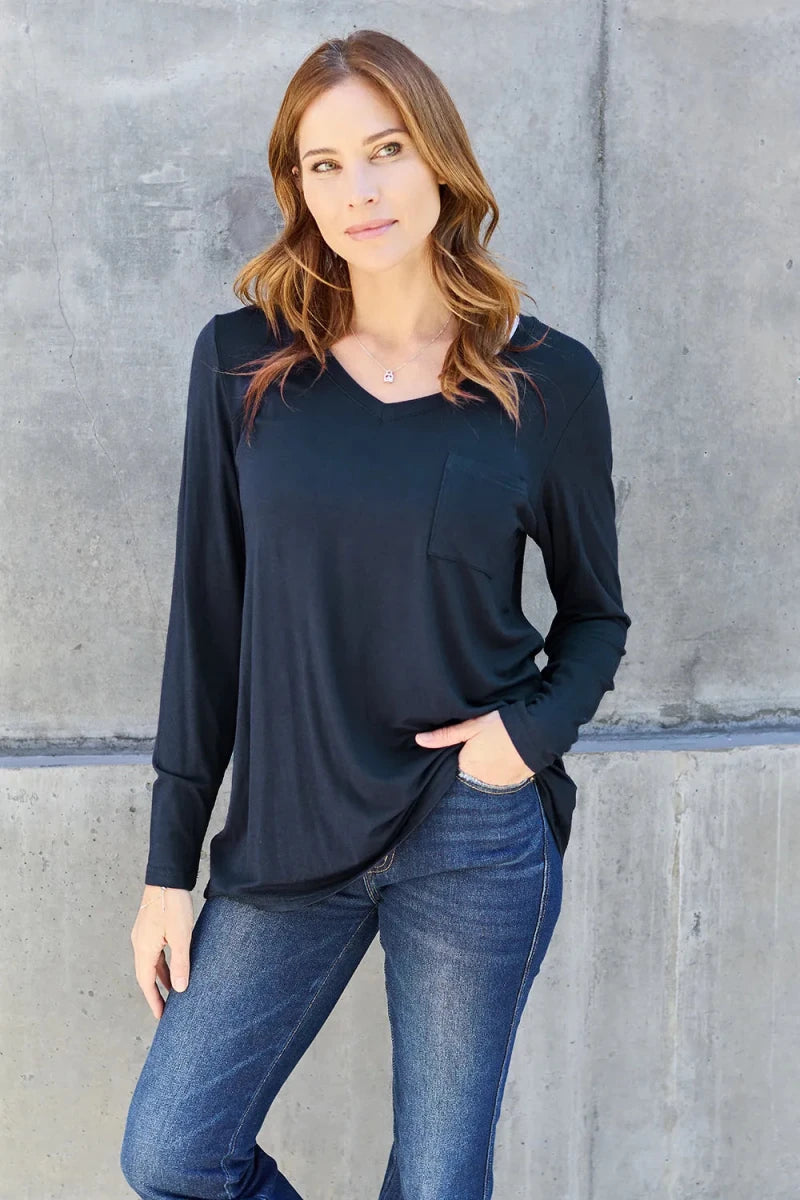 Essential V - Neck Long Sleeve Top – Everyday Comfort Fit | QBA - Q.B.Accessories