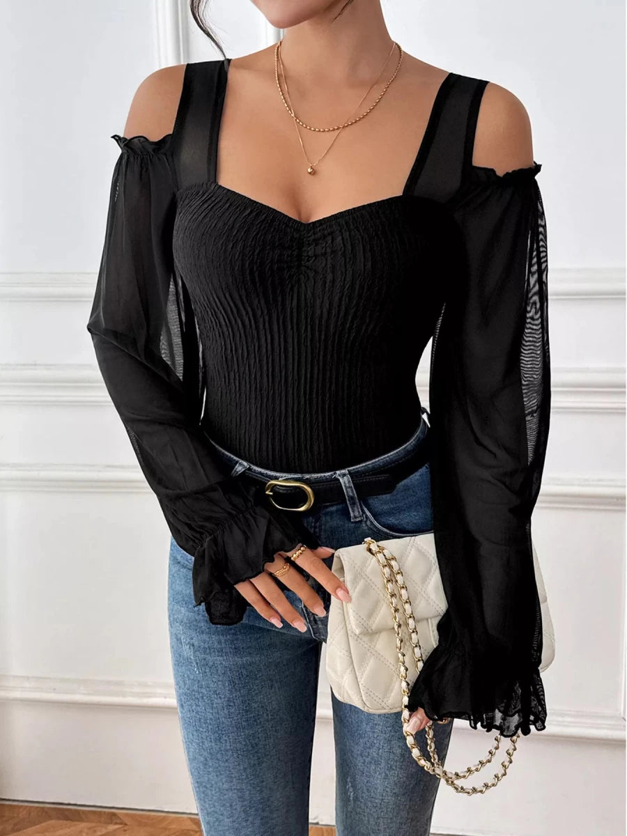 Cold Shoulder Flounce Sleeve Bodysuit - Q.B.Accessories