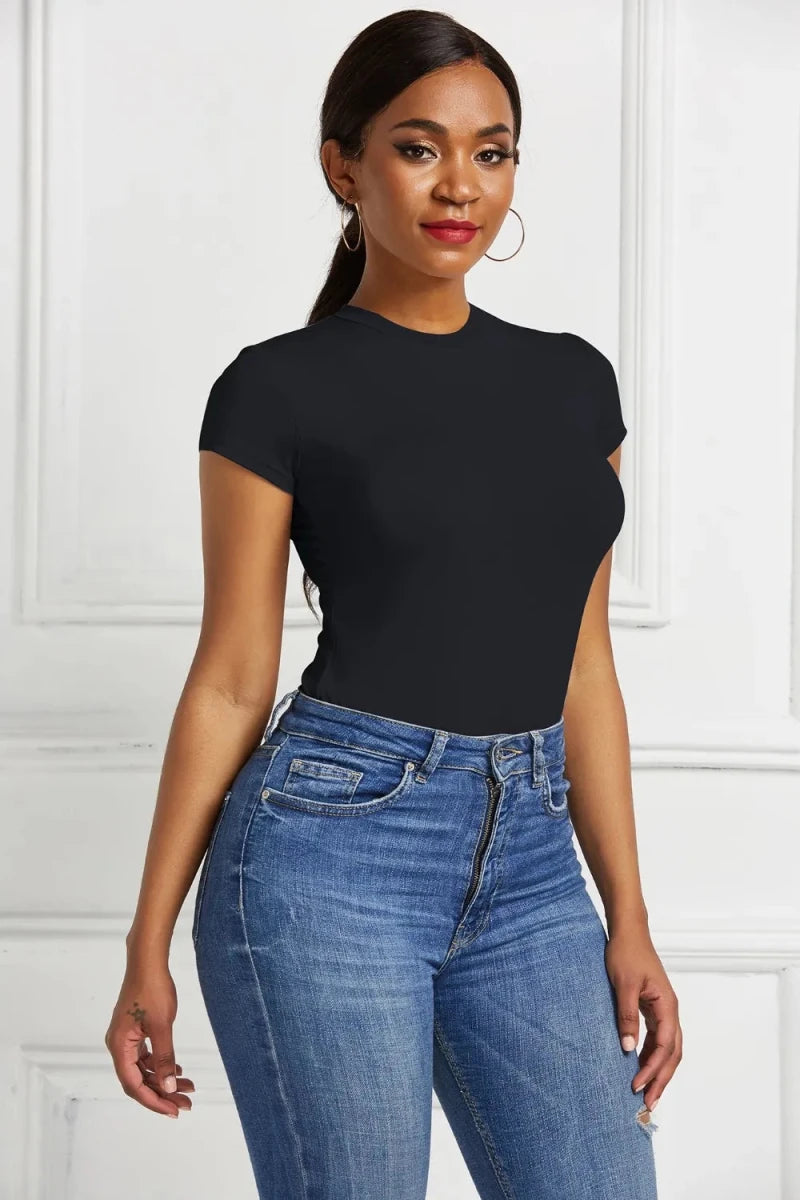 Round Neck Short Sleeve Bodysuit - Q.B.Accessories