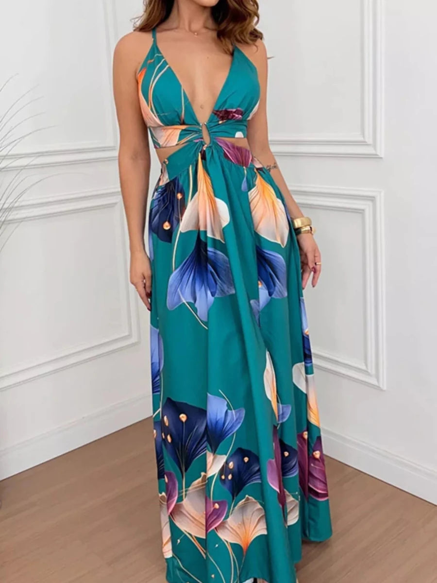 Tropical Print Plunge Cutout Slit Maxi Dress - Q.B.Accessories