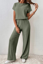 Ribbed Short Sleeve Wide Leg Jumpsuit - Q.B.Accessories