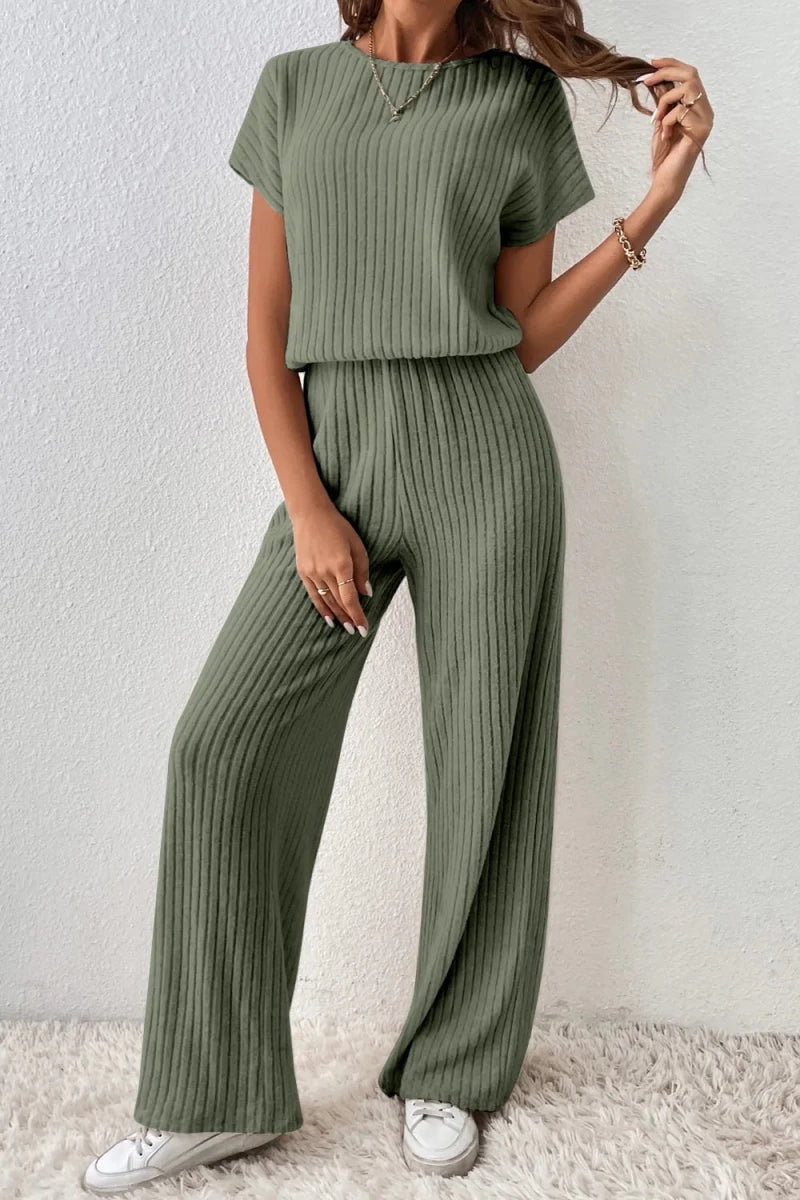 Ribbed Short Sleeve Wide Leg Jumpsuit - Q.B.Accessories