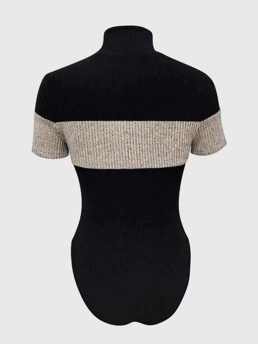 Color Block Turtleneck Ribbed Bodysuit - Q.B.Accessories