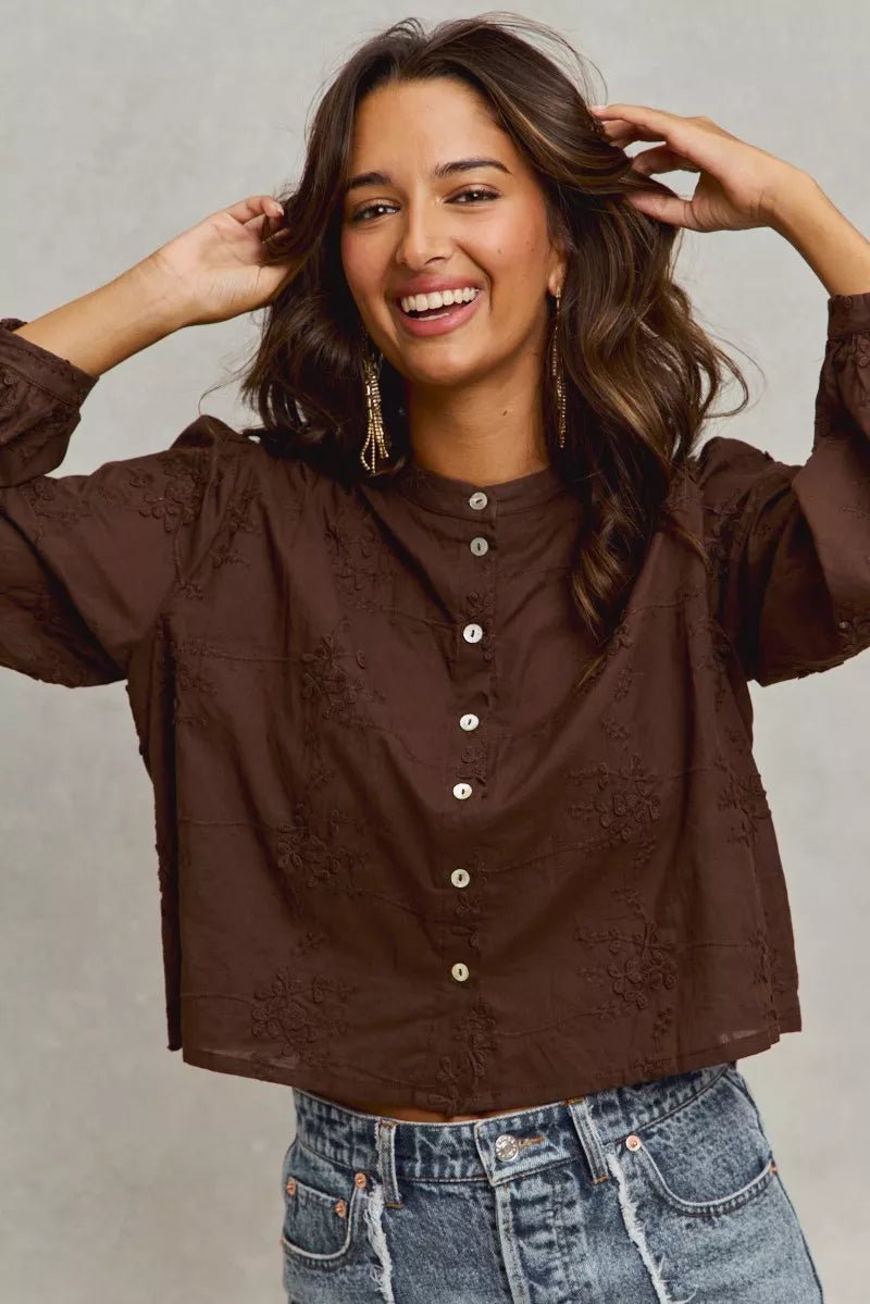 3D Floral Button - Up Blouse – Elegant Statement Piece | QBA - Q.B.Accessories