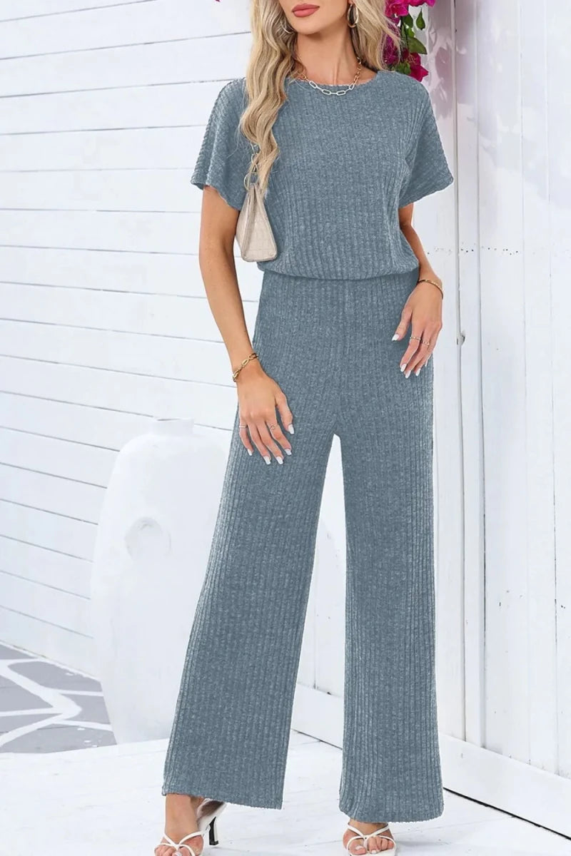 Ribbed Short Sleeve Wide Leg Jumpsuit - Q.B.Accessories