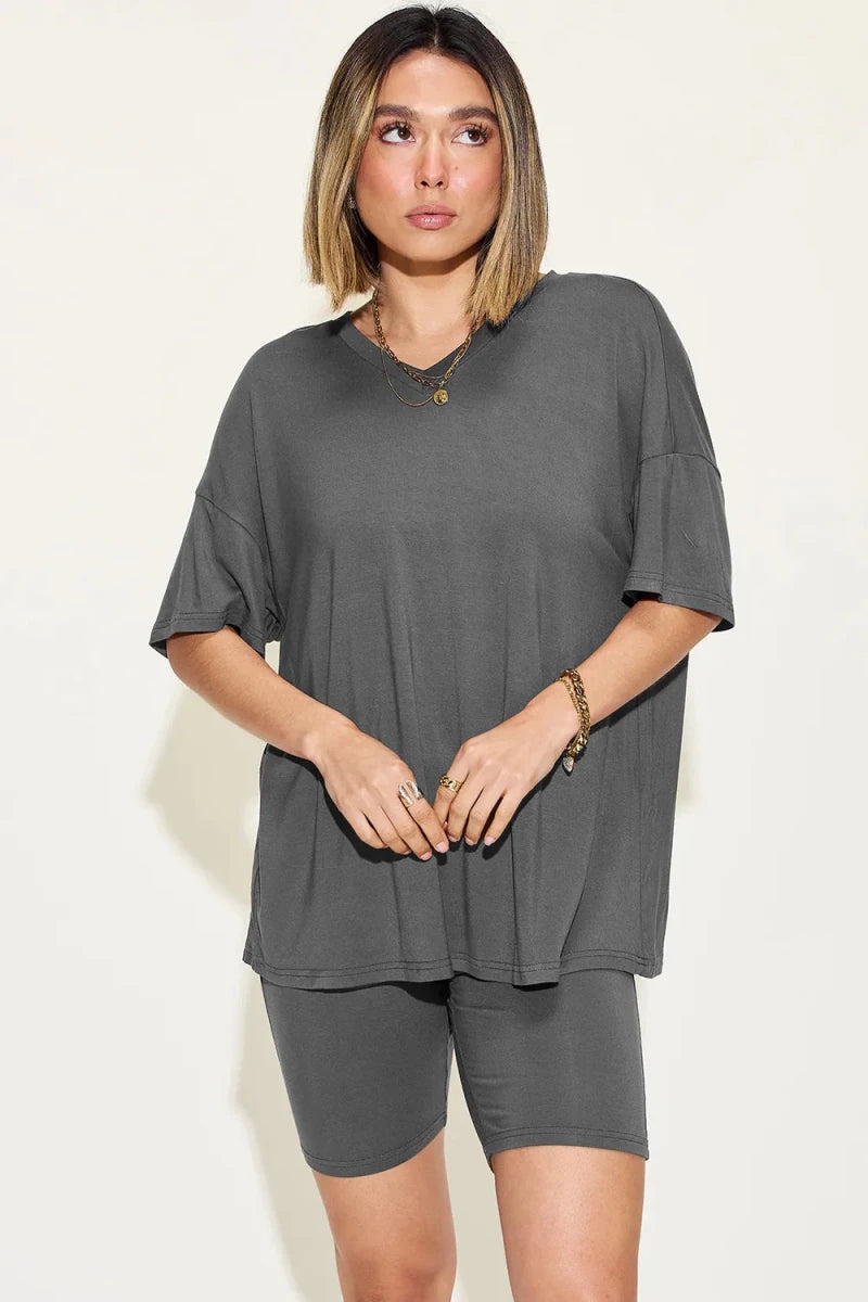 Basic Bae Full Size V - Neck Drop Shoulder T-Shirt and Shorts Set - Q.B.Accessories