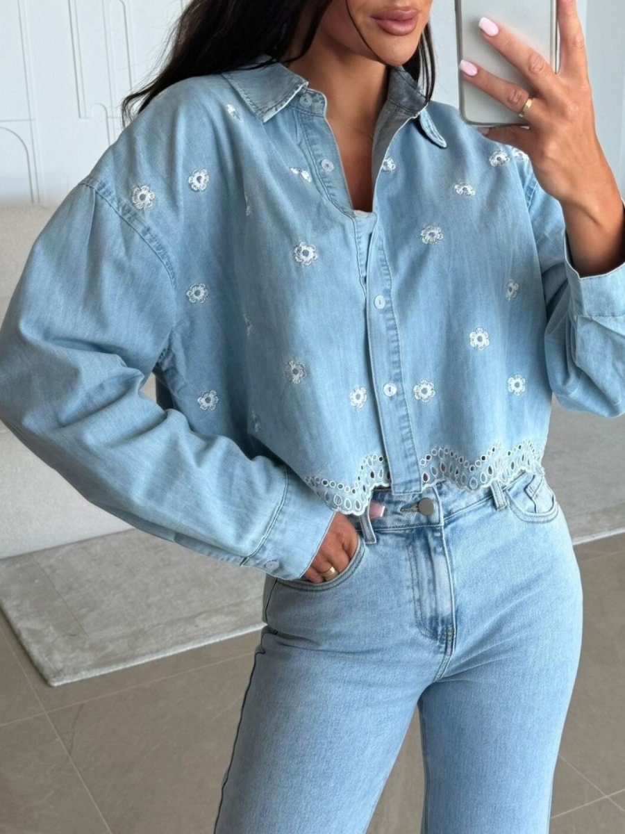 Embroidered Cropped Denim Shirt - Q.B.Accessories