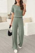 Ribbed Short Sleeve Wide Leg Jumpsuit - Q.B.Accessories