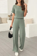 Ribbed Short Sleeve Wide Leg Jumpsuit - Q.B.Accessories