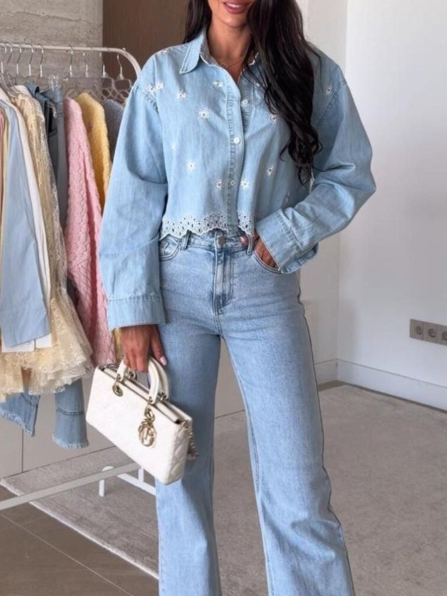 Embroidered Cropped Denim Shirt - Q.B.Accessories
