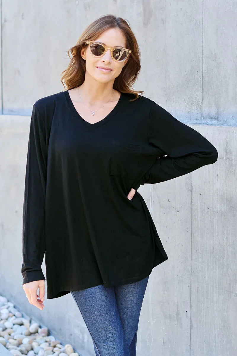 Essential V - Neck Long Sleeve Top – Everyday Comfort Fit | QBA - Q.B.Accessories