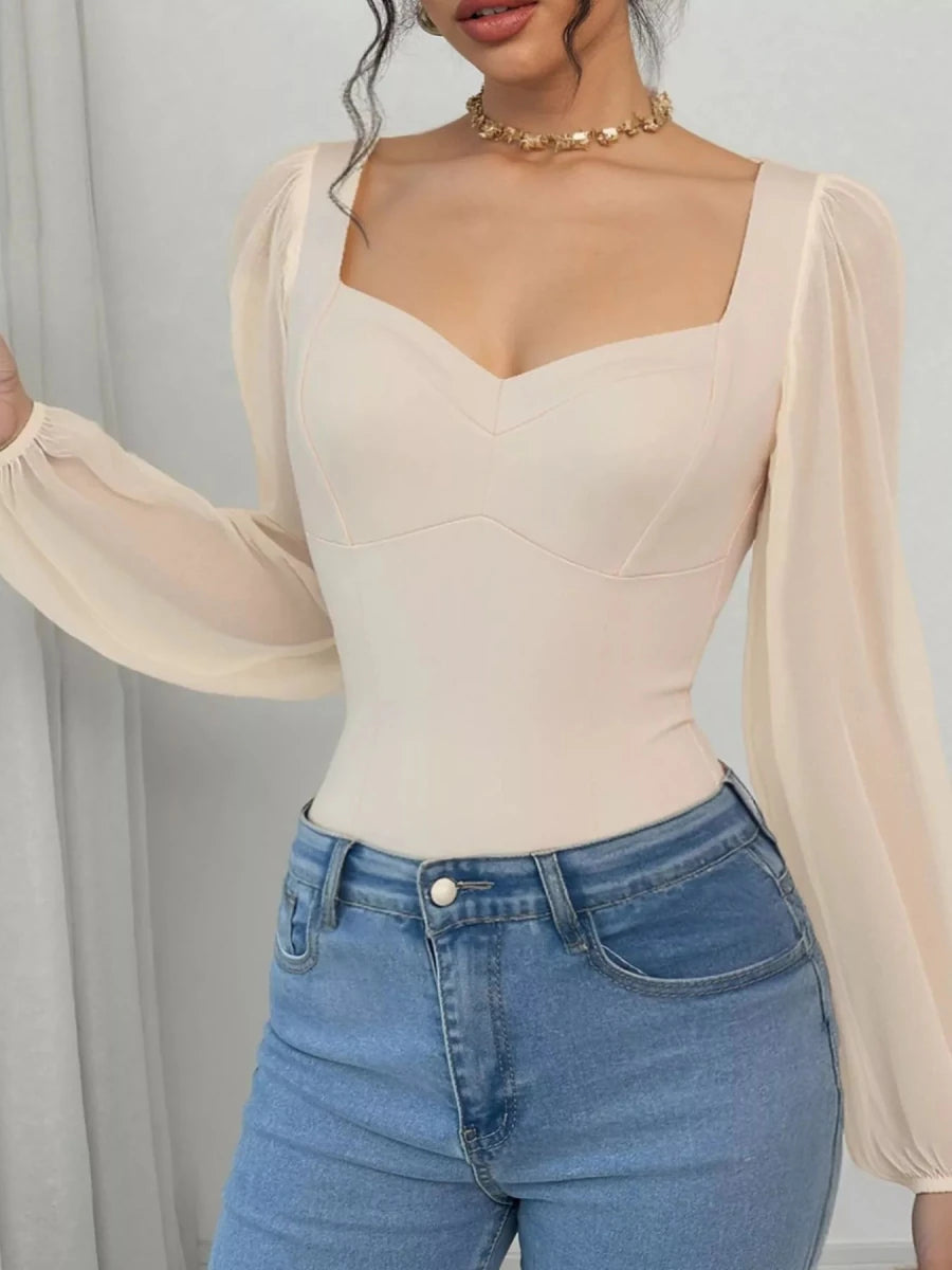 Sweetheart Neck Balloon Sleeve Bodysuit - Q.B.Accessories