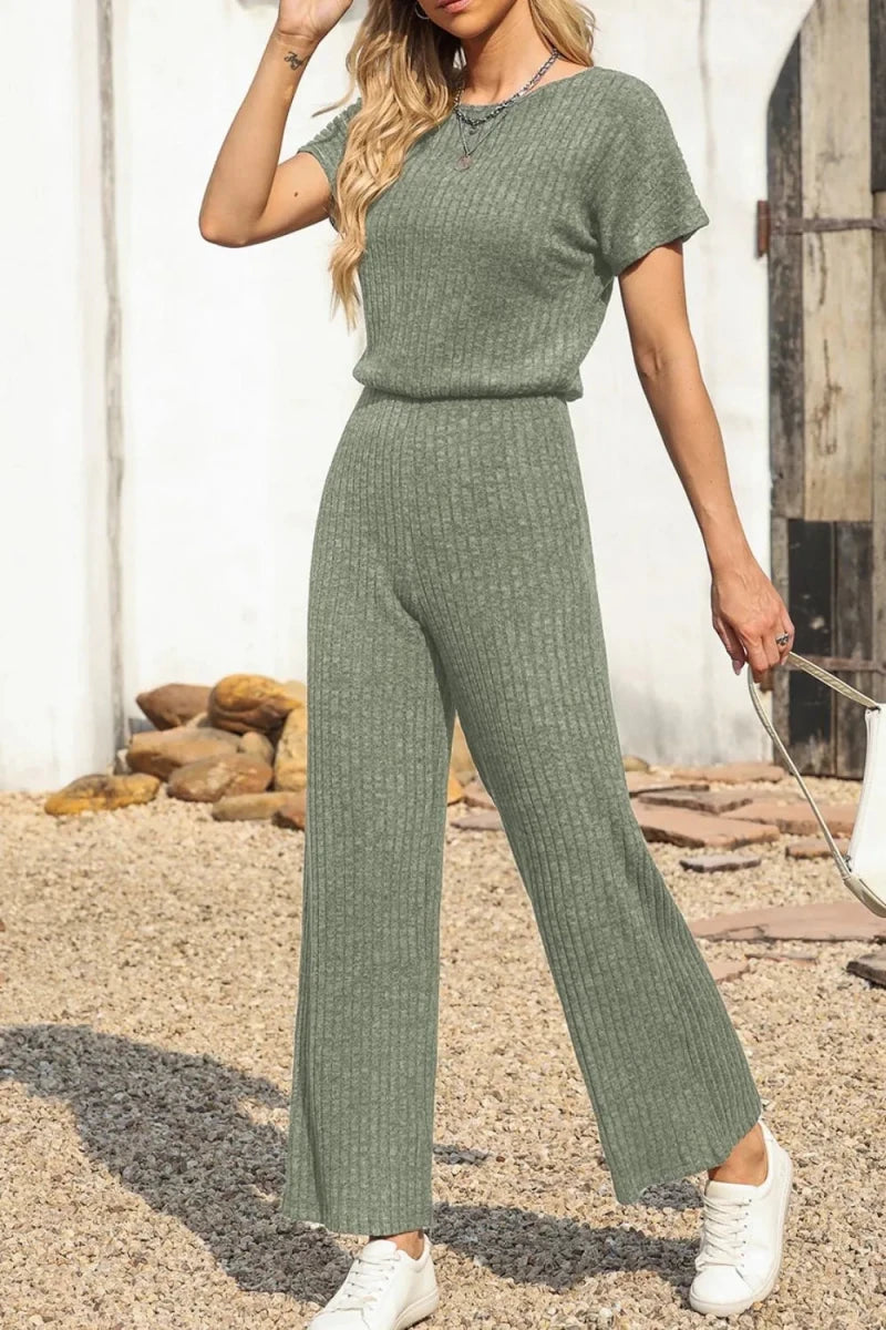 Ribbed Short Sleeve Wide Leg Jumpsuit - Q.B.Accessories