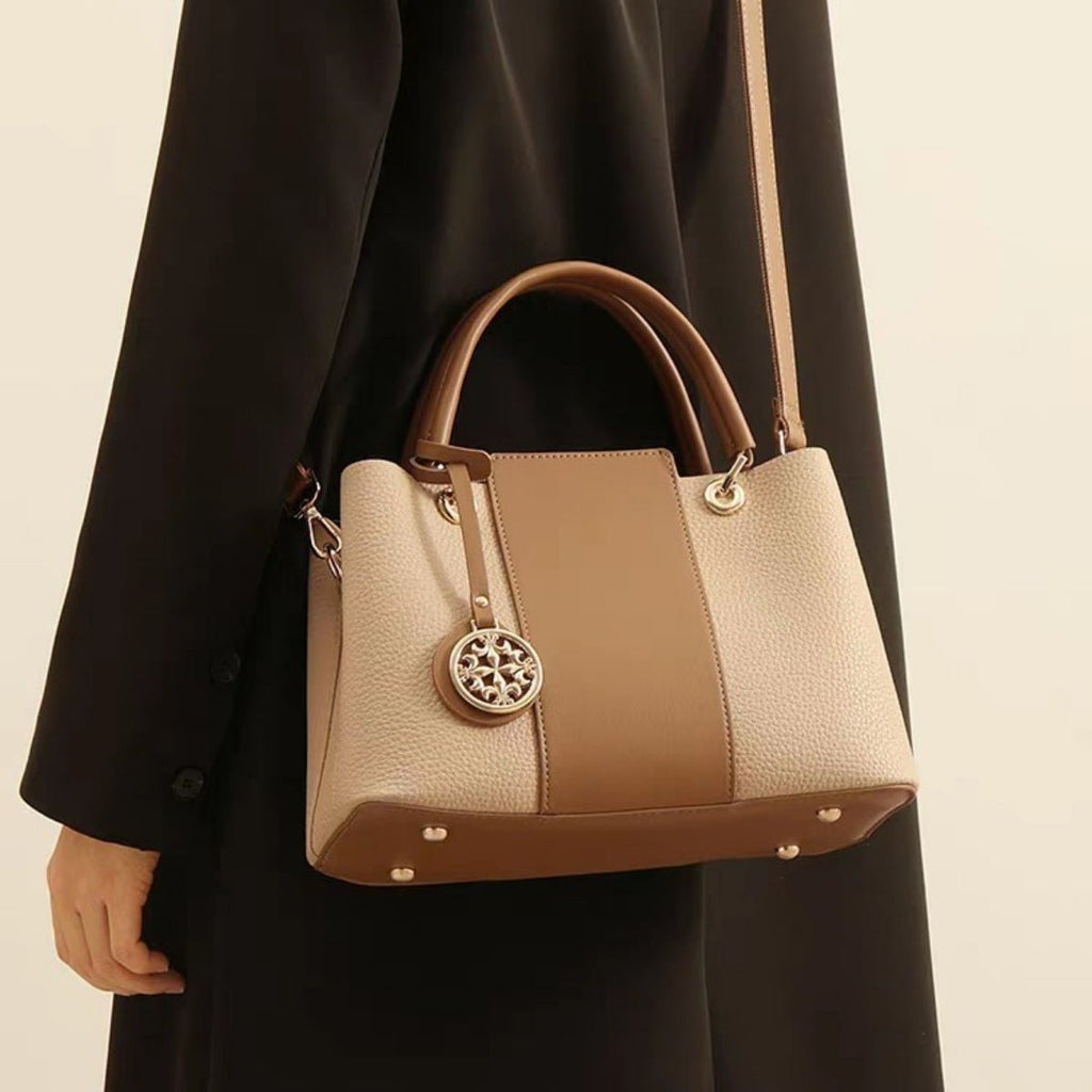 Two-Tone Leather Top Handle Handbag - Q.B.Accessories