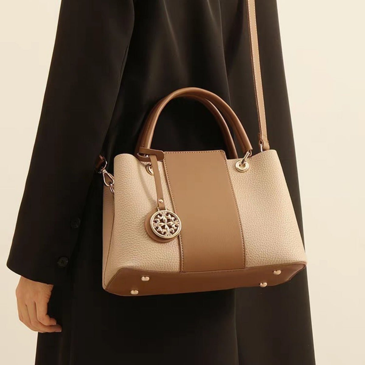 Two-Tone Leather Top Handle Handbag - Q.B.Accessories