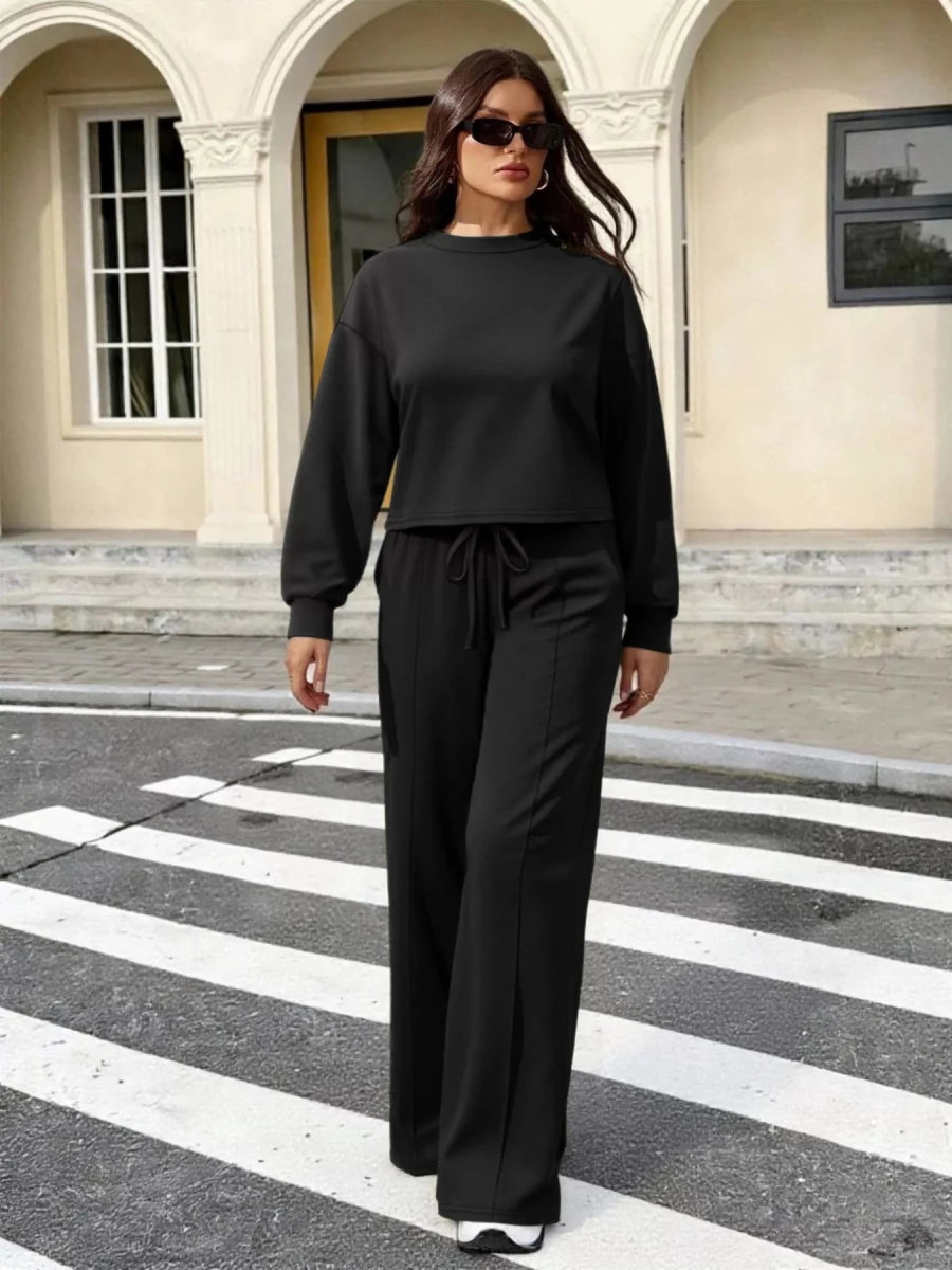 Solid Color Long Sleeve Top & Wide Leg Pants Set - Q.B.Accessories