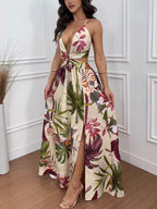 Tropical Print Plunge Cutout Slit Maxi Dress - Q.B.Accessories