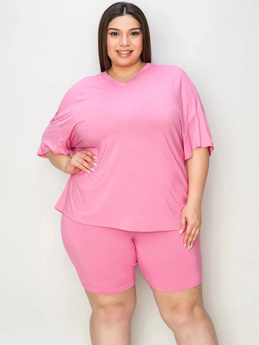 Basic Bae Full Size V - Neck Drop Shoulder T-Shirt and Shorts Set - Q.B.Accessories