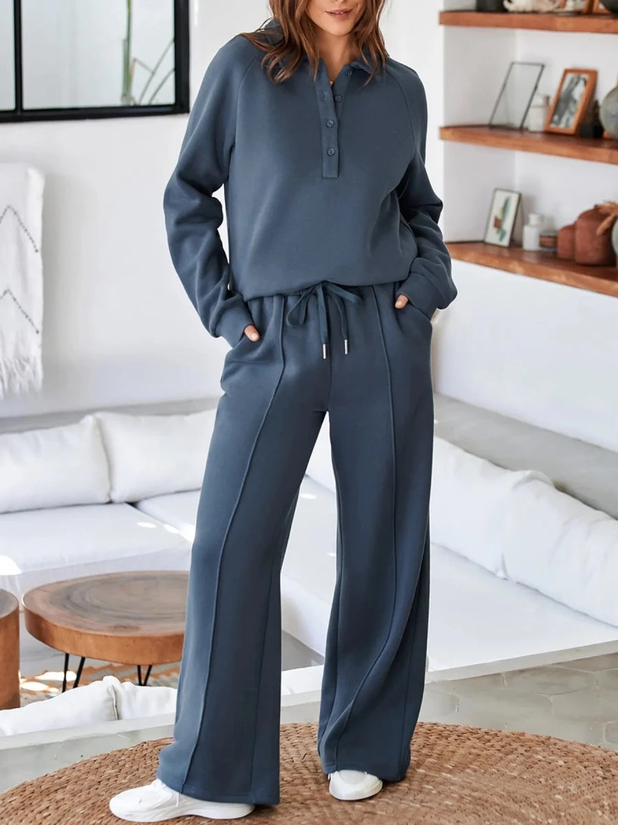 Collared Sweatshirt and High Waist Pants Active Set - Q.B.Accessories