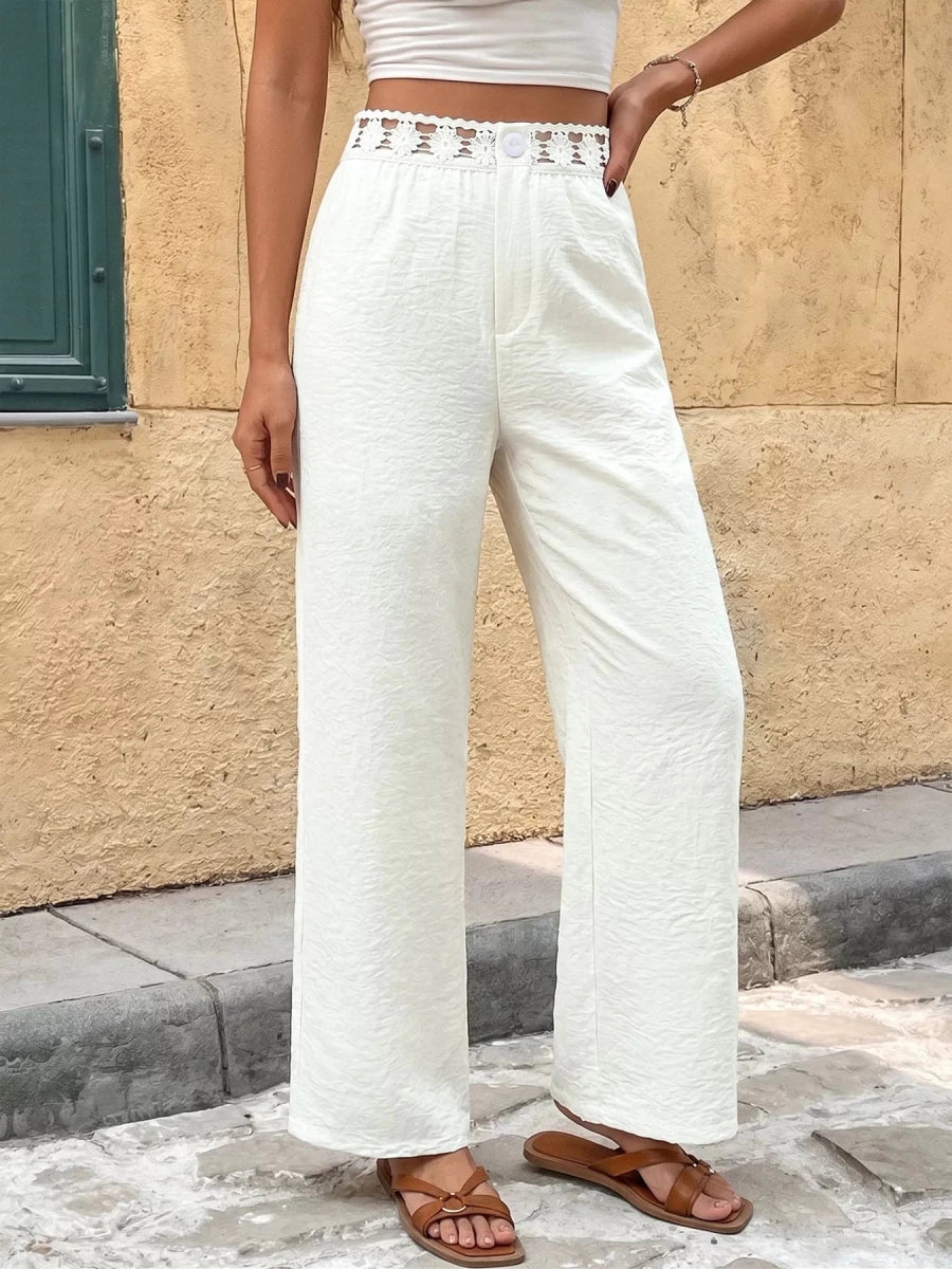 High Waist Wide Leg Pants with Crochet Trim - Q.B.Accessories