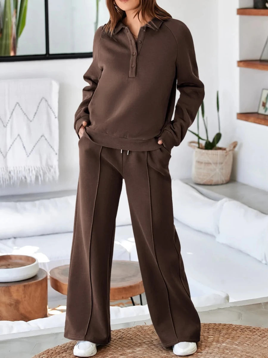 Collared Sweatshirt and High Waist Pants Active Set - Q.B.Accessories