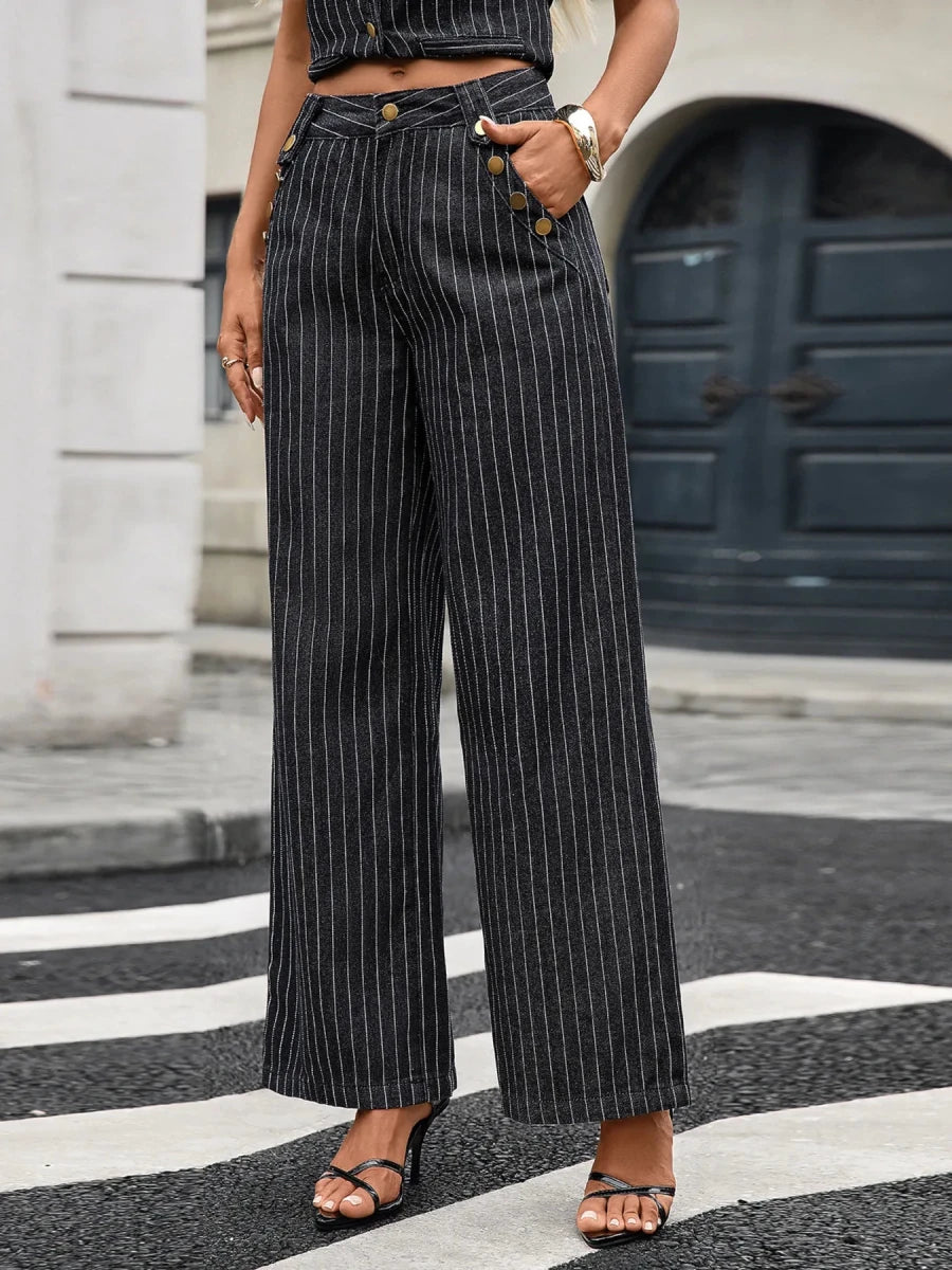Striped Button Down Tank and Pants Denim Set - Q.B.Accessories