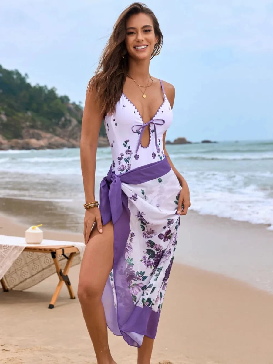 Printed Spaghetti Strap One - Piece Swimwear and Cover Up Swim Set - Q.B.Accessories