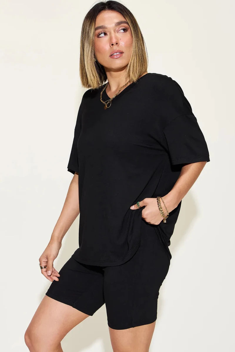 Basic Bae Full Size V - Neck Drop Shoulder T-Shirt and Shorts Set - Q.B.Accessories