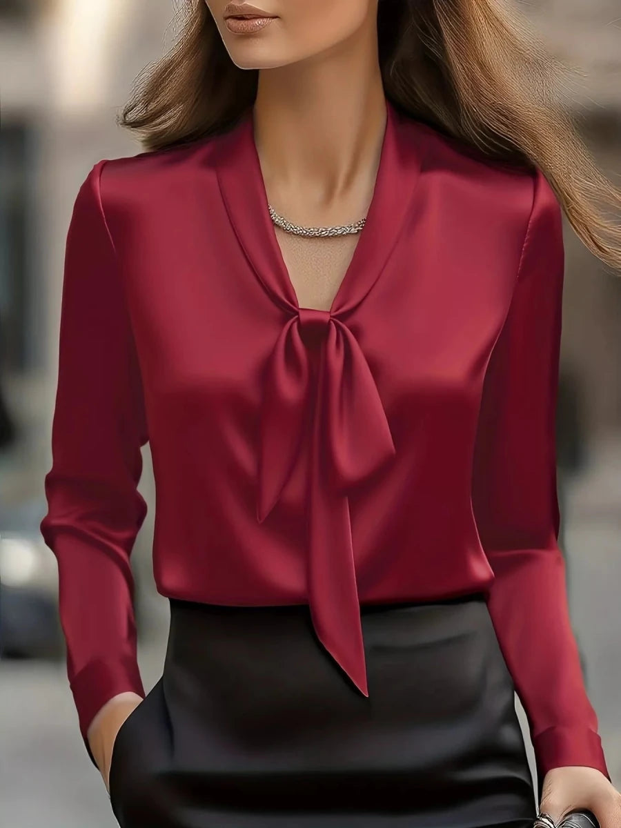 Satin Tie Front Long Sleeve Blouse - Q.B.Accessories
