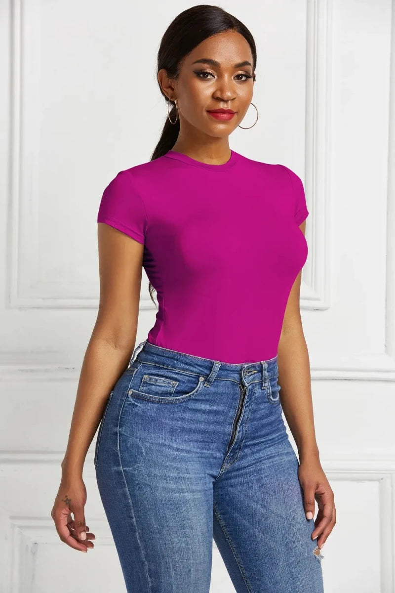 Round Neck Short Sleeve Bodysuit - Q.B.Accessories