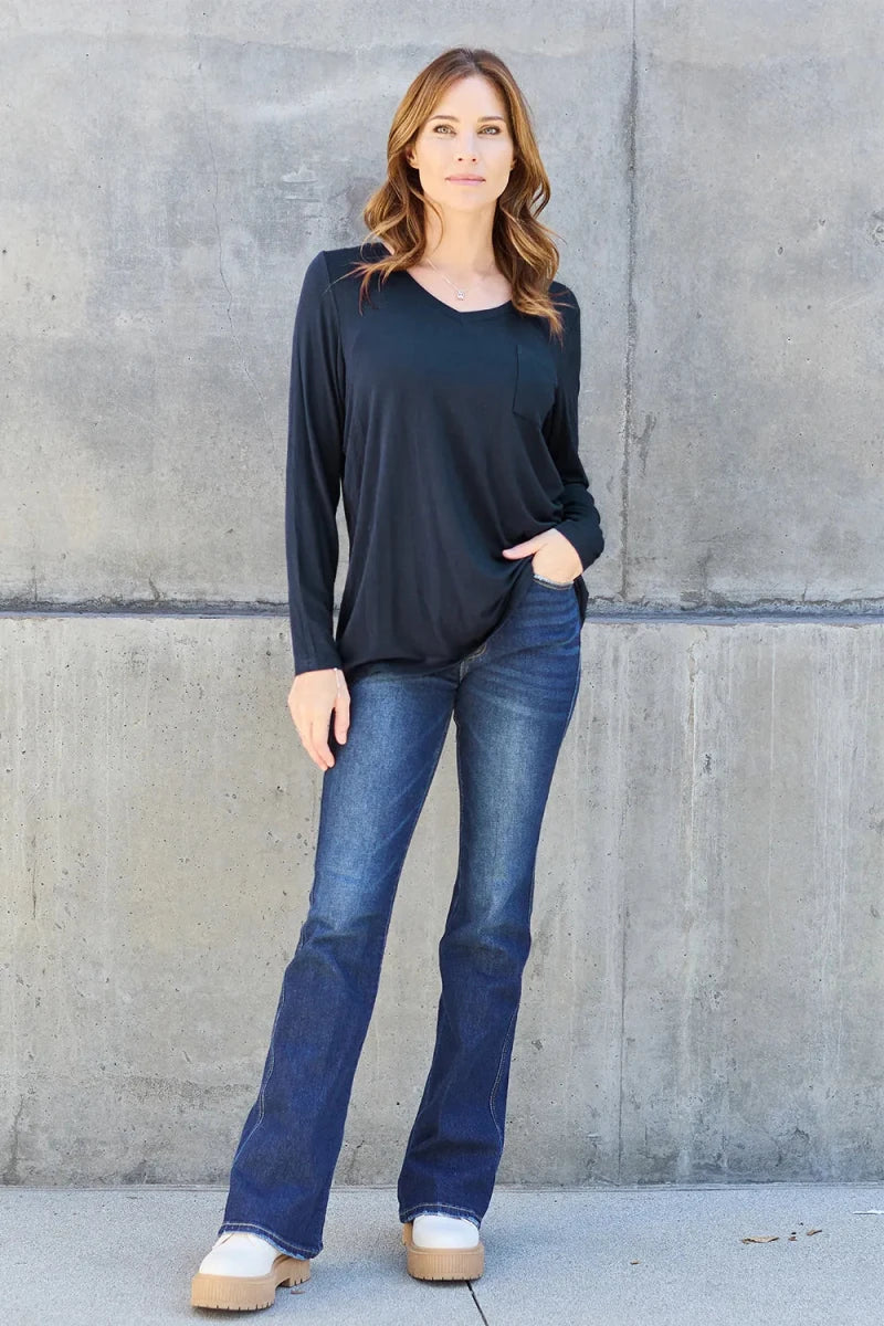 Essential V - Neck Long Sleeve Top – Everyday Comfort Fit | QBA - Q.B.Accessories